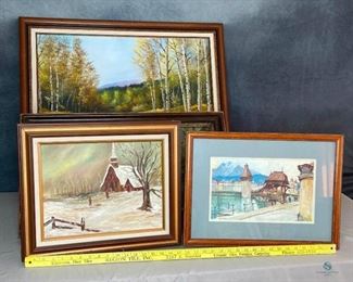 Original Art
Richard Walther (local artist) of mountain forests, acrylic, Elk amongst the pines by unknown artist, watercolor of European village, acrylic of church in the woods