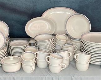 Pfaltzgraff Dishes, Vintage Pattern
Large amount of Pfaltzgraf pieces with light blue and pink band. Serving platter, 2 large bowls, 12 saucers, 15 dinner plates, 11 bowls, sugar, 20 coffee cups, 12 dessert plates, 12 salad plates