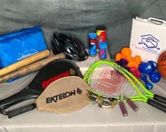 Sporting Lot
Rackets, balls, baseball bats, basketball, stadium cushions, Schwinn bicycle helmet, weights, racquetball goggles