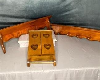 Hanging Shelves
pair of hanging shelves and a country style small cupboard with carved out hears