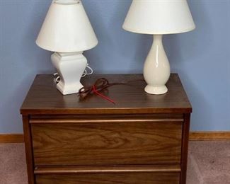 Wood Bedside Tables and Lamps
2 drawer with dovetailing, Some scuffs. Two small white ceramic table lamps with white shades.