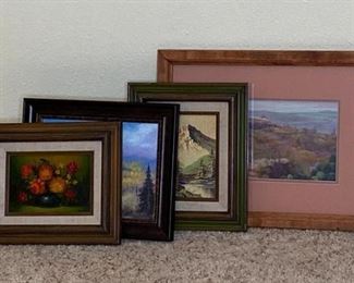 Small Framed Art
Southwest pastel dessert scene by Carol A McIntyre, mountain scenes (original oils) and one floral still life original.