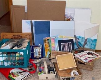 Artist's Treasure!
Huge Lot of Art Supplies! Partially painted cavasses, wood pieces ready for decorative paint, large flat pieces of card board, art books, sketch pads, water color kit, small easel w/oil paints, original watercolors, and more!!