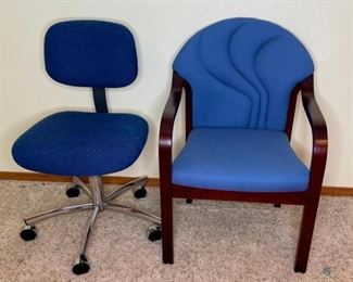 Blue Chairs
One arm chair with blue wave design on back rest. One office chair with wheels.