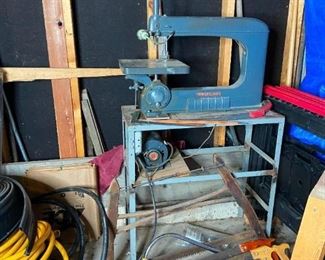 Delta Jigsaw and Saw Horses
Pair of saw horses, Delta Jigsaw, hand saws, wooden cart, large sheet of plexi glass