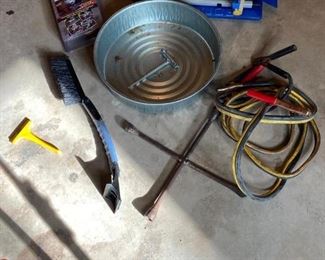 Automobile Items
Oil pan (1.5 gal.) 4 way lug wrench, jumper cables, headlight restorer squeegee, ice scraper set