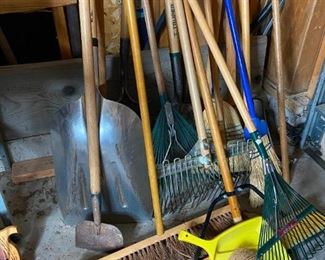 Garden Tools
Rake, hoe, pitchfork, shovels, snow shovels, sledge hammer, 2 edge axe, straw brooms, dust pan, and more