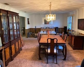 Solid cherry-wood formal dining room set (table, 2-extensions, 6 chairs, hutch/China cabinet and buffet table)