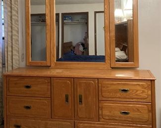 Queen Bedroom Set, solid oak (headboard with night-stands, dresser & chest of drawers)