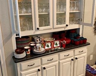 Huge selection of glasses/stemware, glass pitchers & Christmas plates