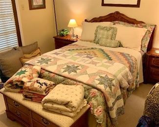 Full size bed set, assortment of linens and quilts