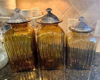 These handblown amber glass canister set w/ pewter lids are fantastic and perfect for your kitchen countertops