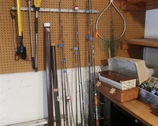 Very nice collection of fishing poles, reels (including fly reels), lures & supplies