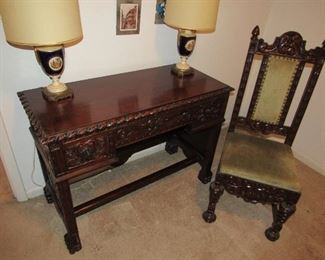 Heavily carved walnut desk & chair