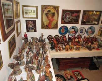 Many, many antique decanters and bar collectibles