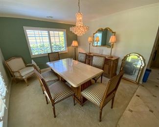 Kreiss Travertine top table and 6 chairs available for presale - Please call Mimi at 562-254-2597 for details.