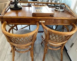 Rattan desk with pair of chairs