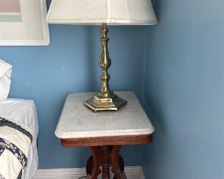 Marble top harp table, brass lamp