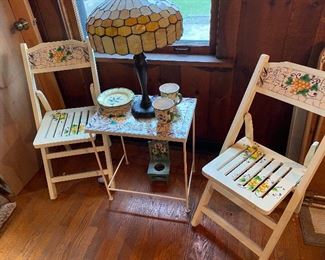Floral Hand Painted Folding Chairs, Tile Table. Stained Leaded Lamp