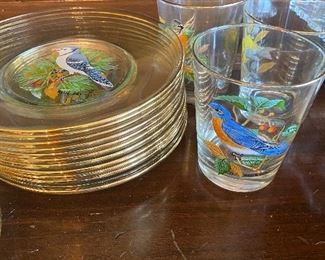 Hand Painted Bird Design Plates.Glasses