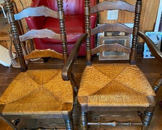 Vintage Solid Pine Ladder Back Chairs/Rush Seats