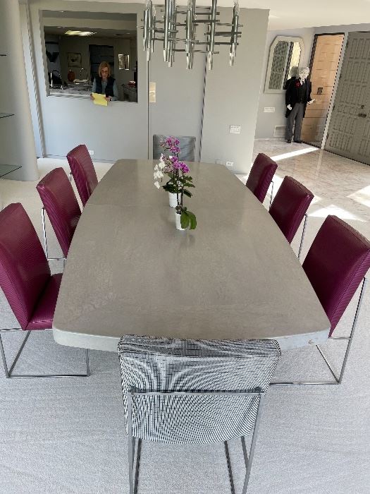 Custom lacquer Table w/ 2 leave extensions, w/ Thayger Coggin Leather chairs