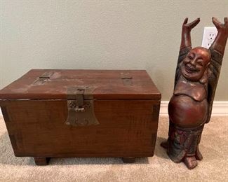 008 Vintage Asian Wood Chest Happy Buddha