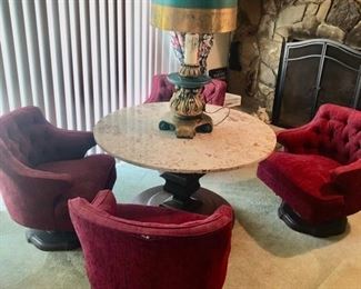 4 vintage barrel club swivel pedestal chairs w/marble table