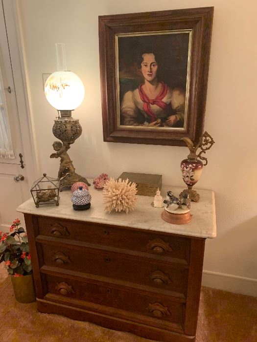 VICTORIAN MARBLE CHEST, ANGEL LAMP AND ANTIQUE HAND PAINTED EWER