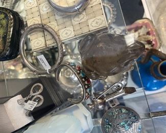 Silver bracelet, turqoise bracelet, frog, silver and citrine earrings