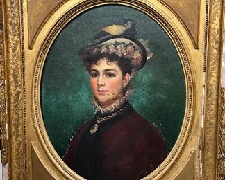 Gilded 19th century gesso  & wood frame  with woman’s portrait.  Some damage but many of missing gilded frame pieces are available for repair.  A beautiful framed portrait or exquisite mirror.