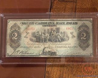 1873 South Carolina Railroad Company $2 Fare Ticket
