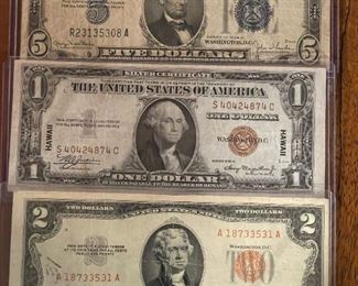 $5 Silver Certificate, $1 Hawaii Brown Seal, and $2 Red Seal