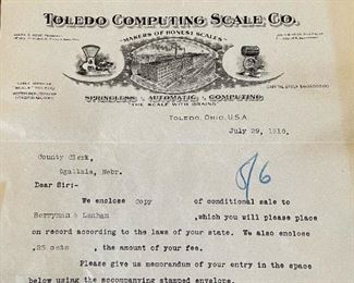 1910 County Clerk Registration Letter for Early 1900's Toledo Counter Scale