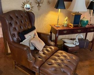 Vintage Tufted Leather Wingback Chair and Ottoman