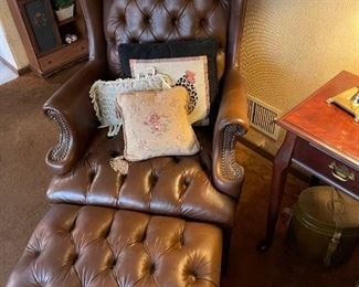 Vintage Tufted Leather Wingback Chair and Ottoman