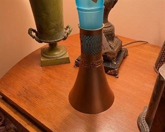 Arts and Crafts Era Copper Holder for Aqua Trumpet Glass Vase