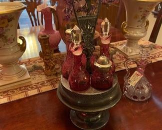 Antique Victorian Cranberry Cruet Set - Engraved “1883 Christmas”