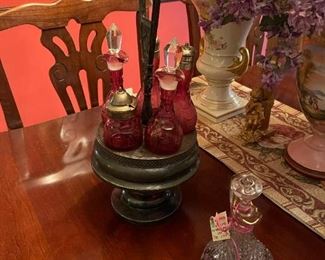 Antique Victorian Cranberry Cruet Set - Engraved “1883 Christmas”