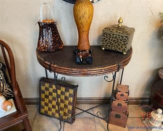 Wicker Rattan and Wrought Iron Wall Table