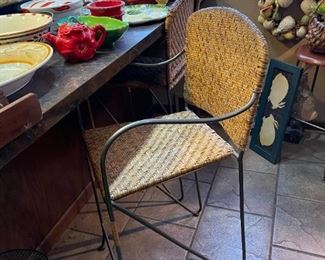 Wicker Bar Stools with Heavy Wrought Iron Base