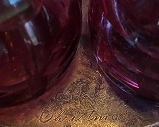 Antique Victorian Cranberry Cruet Set - Engraved “1883 Christmas”