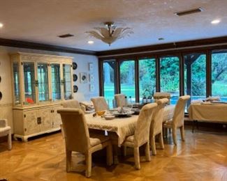 Dining chairs are for sale and silver, copper, brass, etc on table. Table & China cabinet nfs