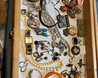 Bakelite, Cynthia Chuang bug pins, vintage watches, Diamond bracelet, cameo, old watches, etc