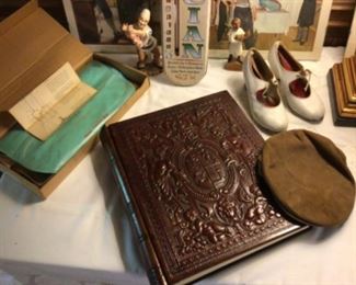 misc medical interest items, suede cap, vintage tap dance shoes