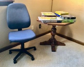 Office chair, occasional table, puzzles & games