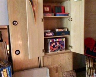 Pair white oak/ curly maple Henredon Cabinets with overhead connector piece, full of games & toys 