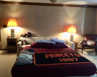 King mattress & boxsprings, vintage modern couch, pair pottery lamps(lamps sold)