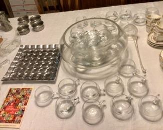 Punch bowl & cups, woven Arthur court type platter, pewter 