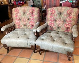 2pc Rustic Barley Twist Leather & Fabric Chairs PAIR	
